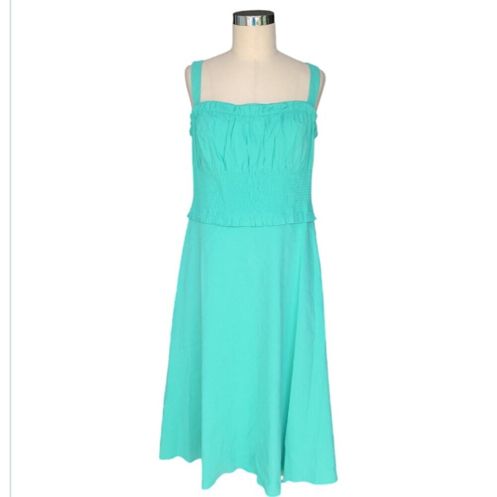 NWT Ungaro Sienna Smocked Linen Blend Midi Sundress w Pockets XL Green Boho